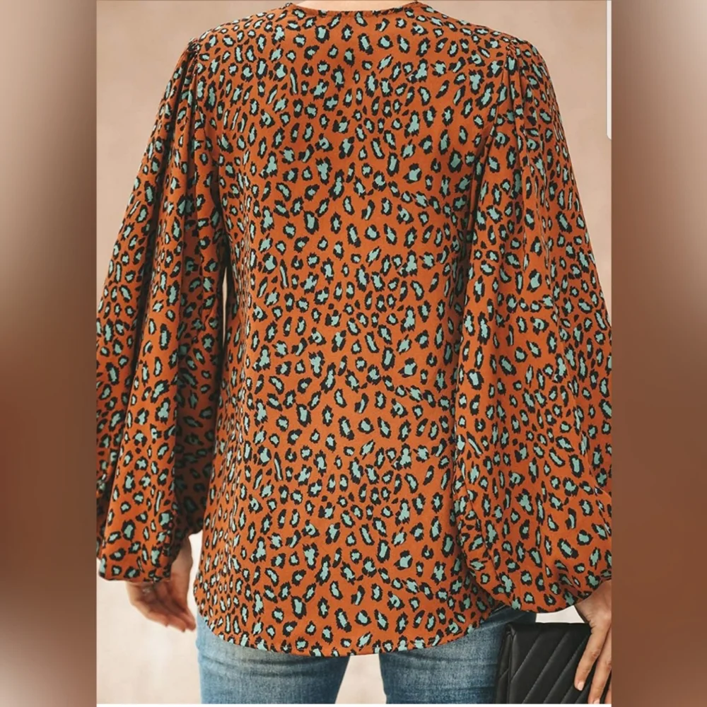 Printed V Neck Lantern Sleeve Blouse Button Down - Picture 3 of 4